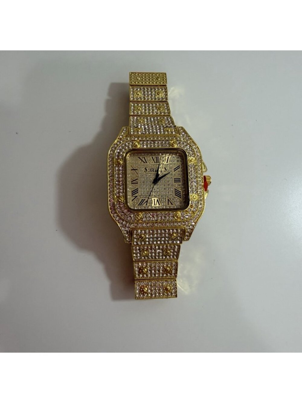 Bling Mens Gold & Rhinestone Iced Out Square Face Analog Wrist Watch